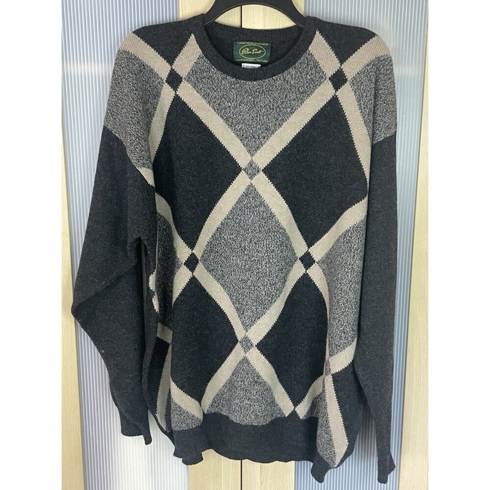 Peter Scott Men's‎ Gray Wool Cashmere Argyle V-Neck Pullover Sweater XL Preppy